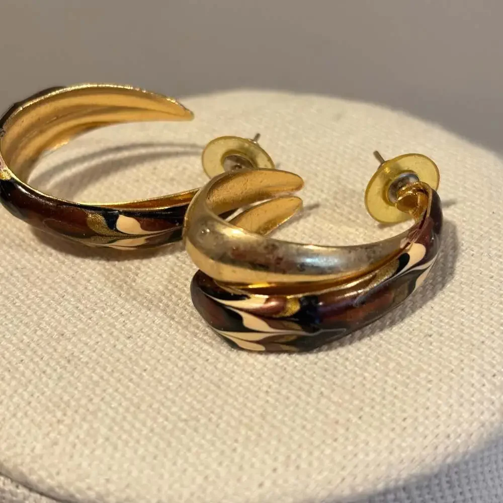 Vintage Gold Tone Earthy Colored Enamel Double Loop Half Hoop Pierced Earrings